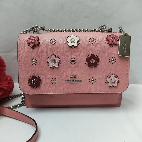 Coach Klare Floral Applique Pink Leather Chain Strap Crossbody Shoulder Bag - Picture 1 of 16